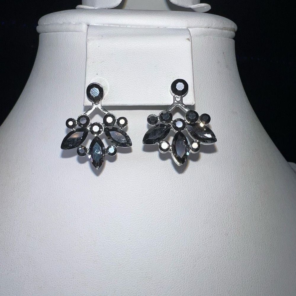 Silver Tone and Metallic Black Faceted Bead Jacket Earrings